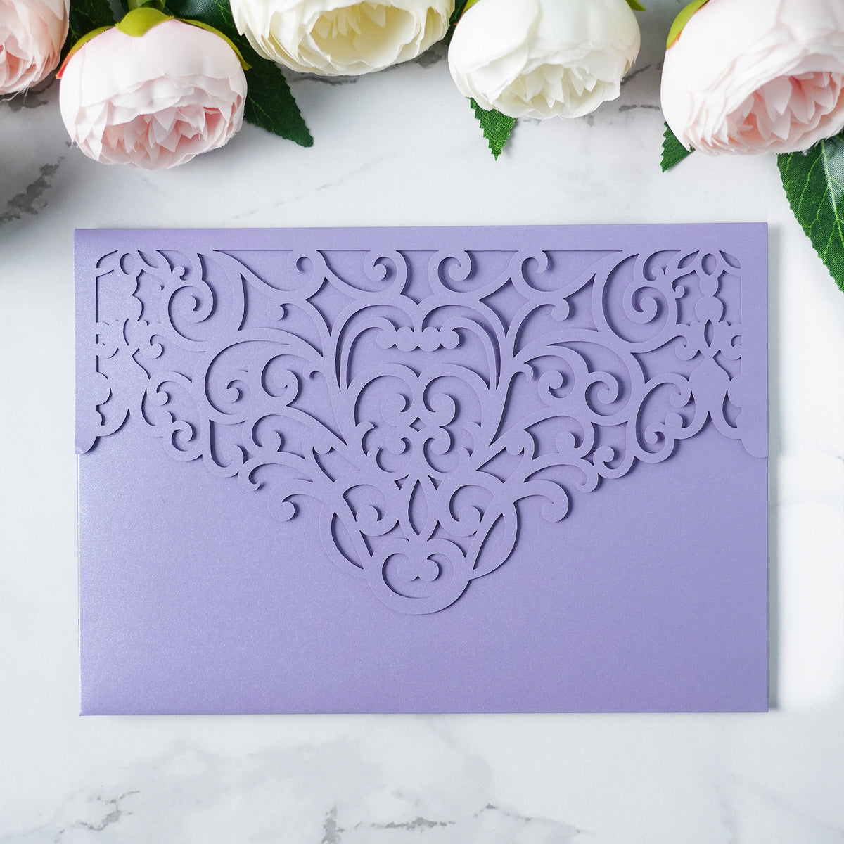 PONATIA  20PCS Lilac Laser Cut Wedding Invitations Pockets