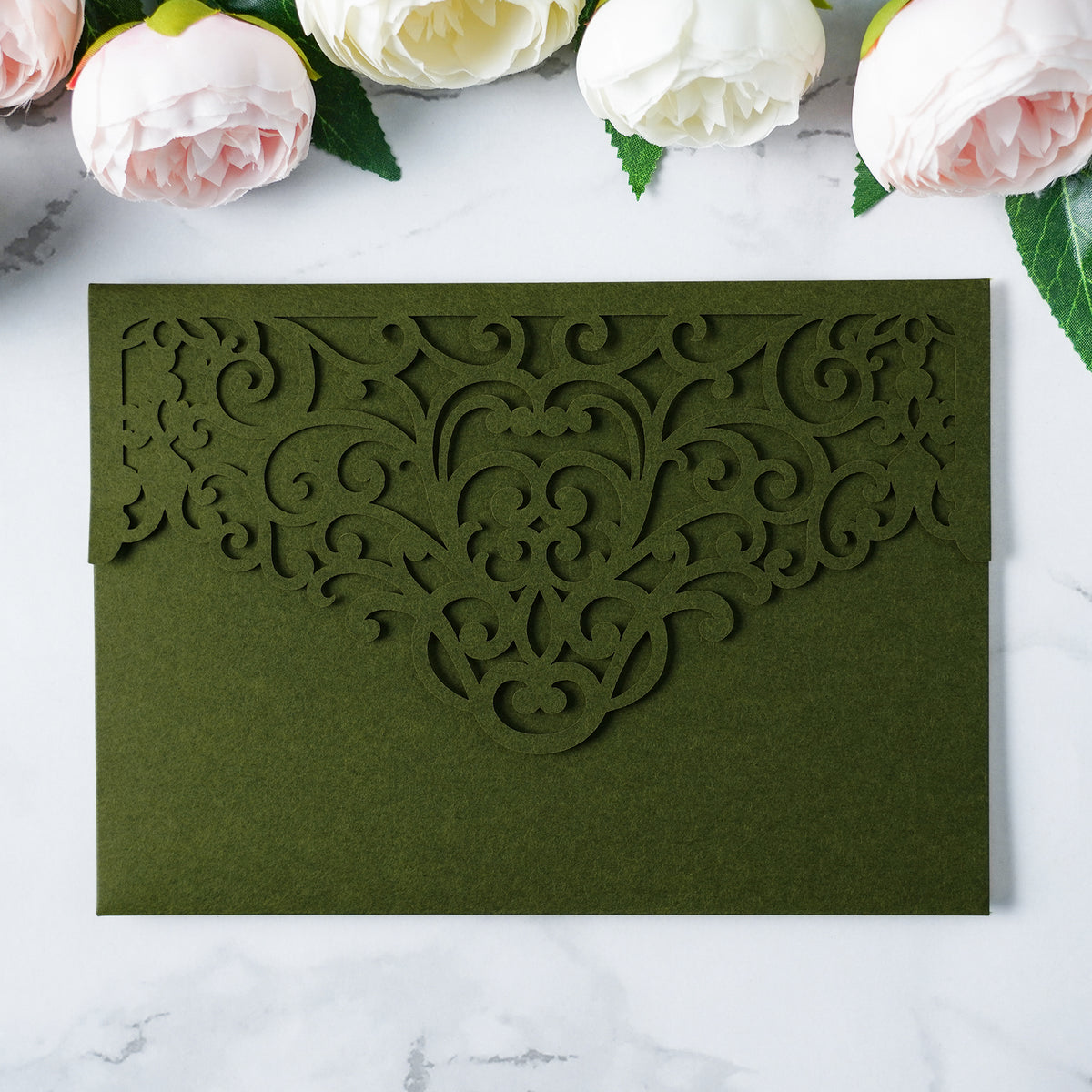 PONATIA  20PCS Olive Green Laser Cut Wedding Invitations Pockets