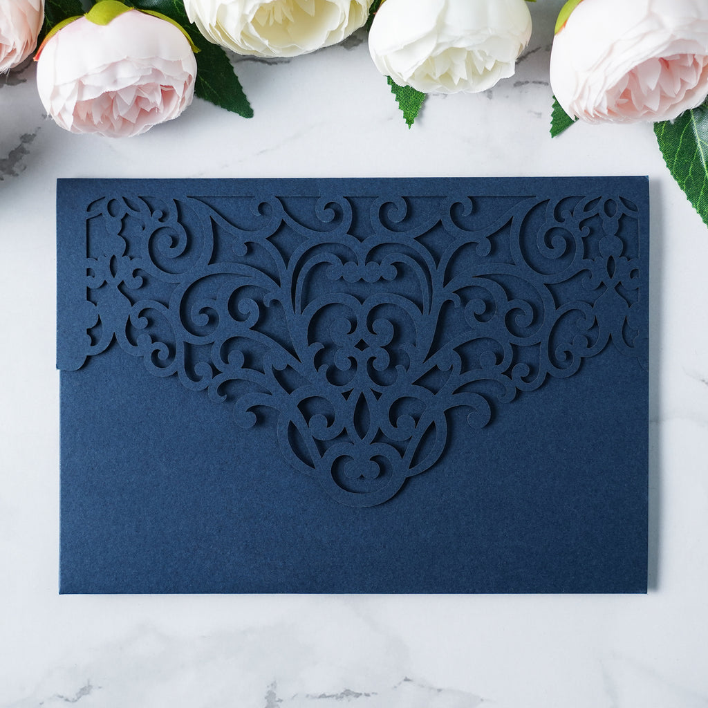PONATIA  20PCS Navy Blue Laser Cut Wedding Invitations Pockets