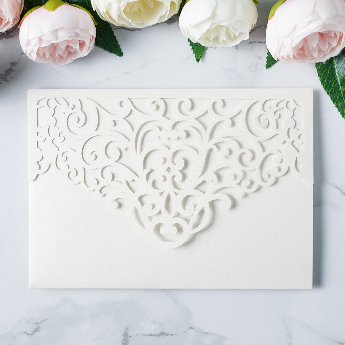 PONATIA  20PCS Ivory Laser Cut Wedding Invitations Pockets