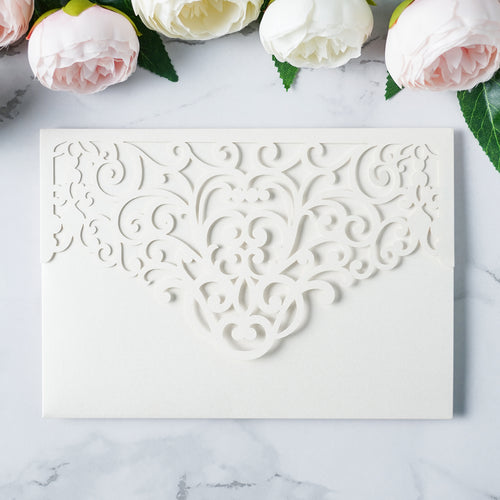 PONATIA  20PCS Ivory Laser Cut Wedding Invitations Pockets