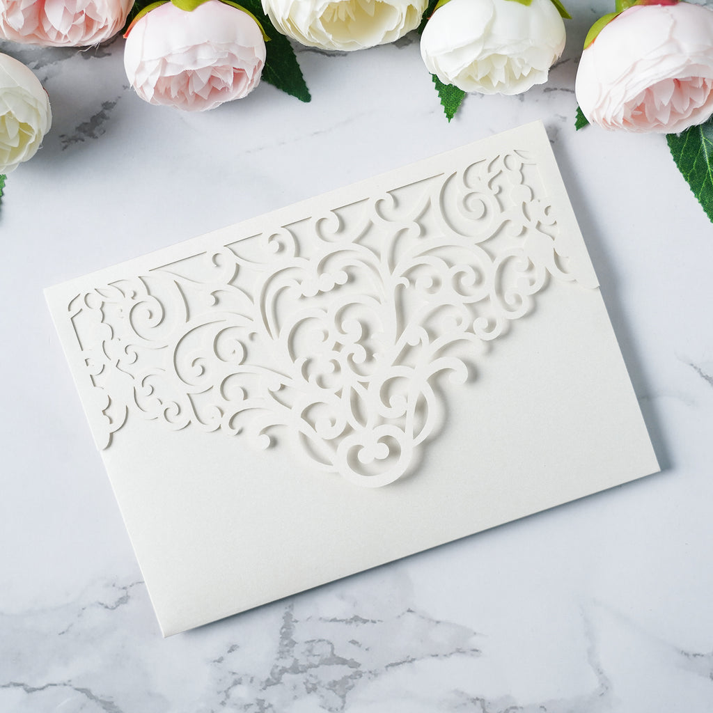 PONATIA  20PCS Ivory Laser Cut Wedding Invitations Pockets