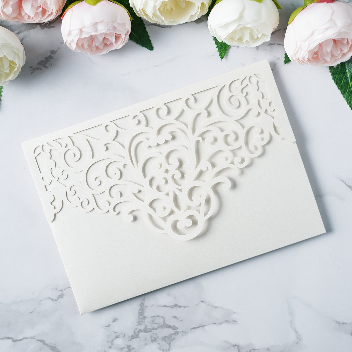 PONATIA  20PCS Ivory Laser Cut Wedding Invitations Pockets