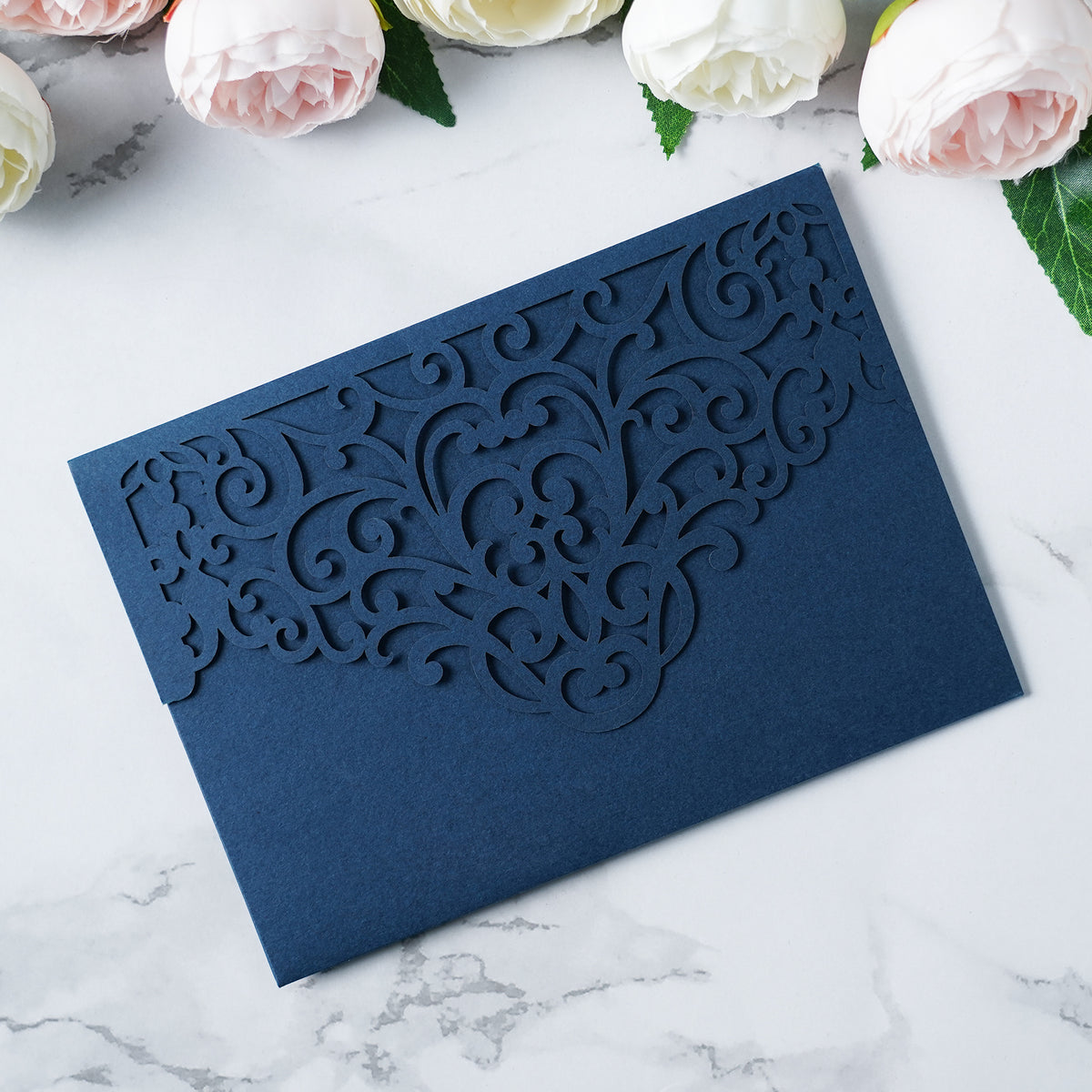 PONATIA  20PCS Navy Blue Laser Cut Wedding Invitations Pockets