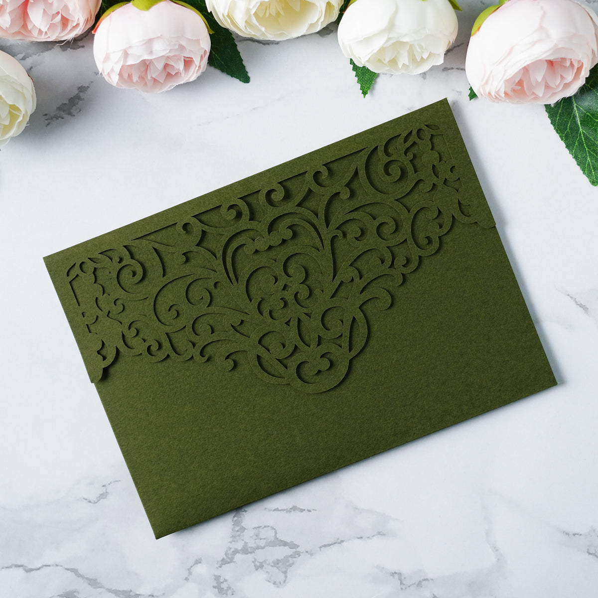 PONATIA  20PCS Olive Green Laser Cut Wedding Invitations Pockets