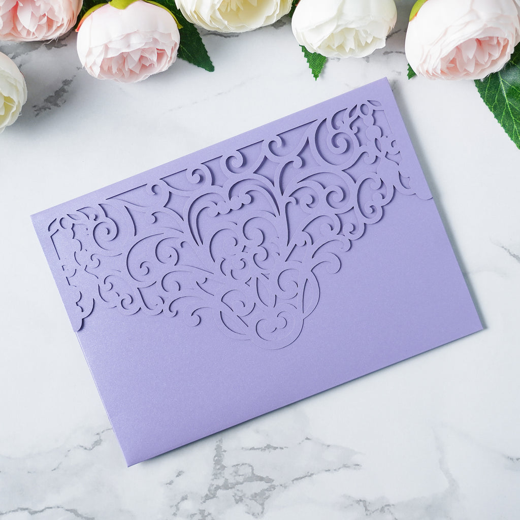 PONATIA  20PCS Lilac Laser Cut Wedding Invitations Pockets