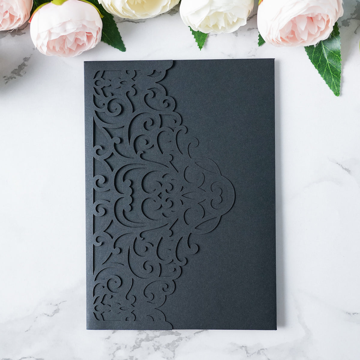 PONATIA  20PCS Black Laser Cut Wedding Invitations Pockets