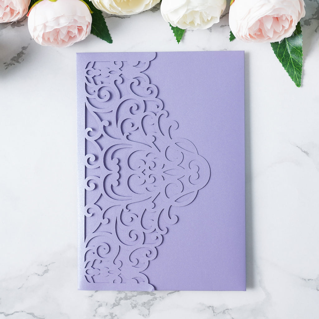 PONATIA  20PCS Lilac Laser Cut Wedding Invitations Pockets