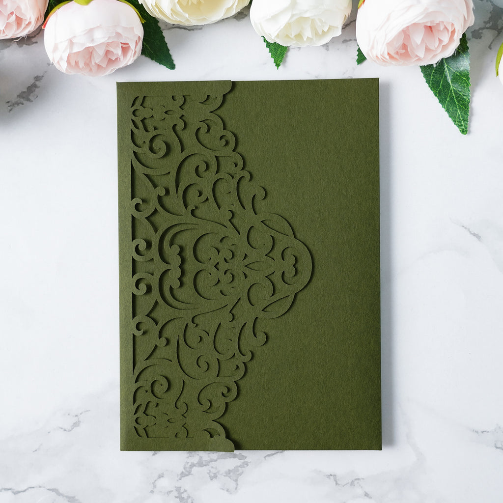 PONATIA  20PCS Olive Green Laser Cut Wedding Invitations Pockets