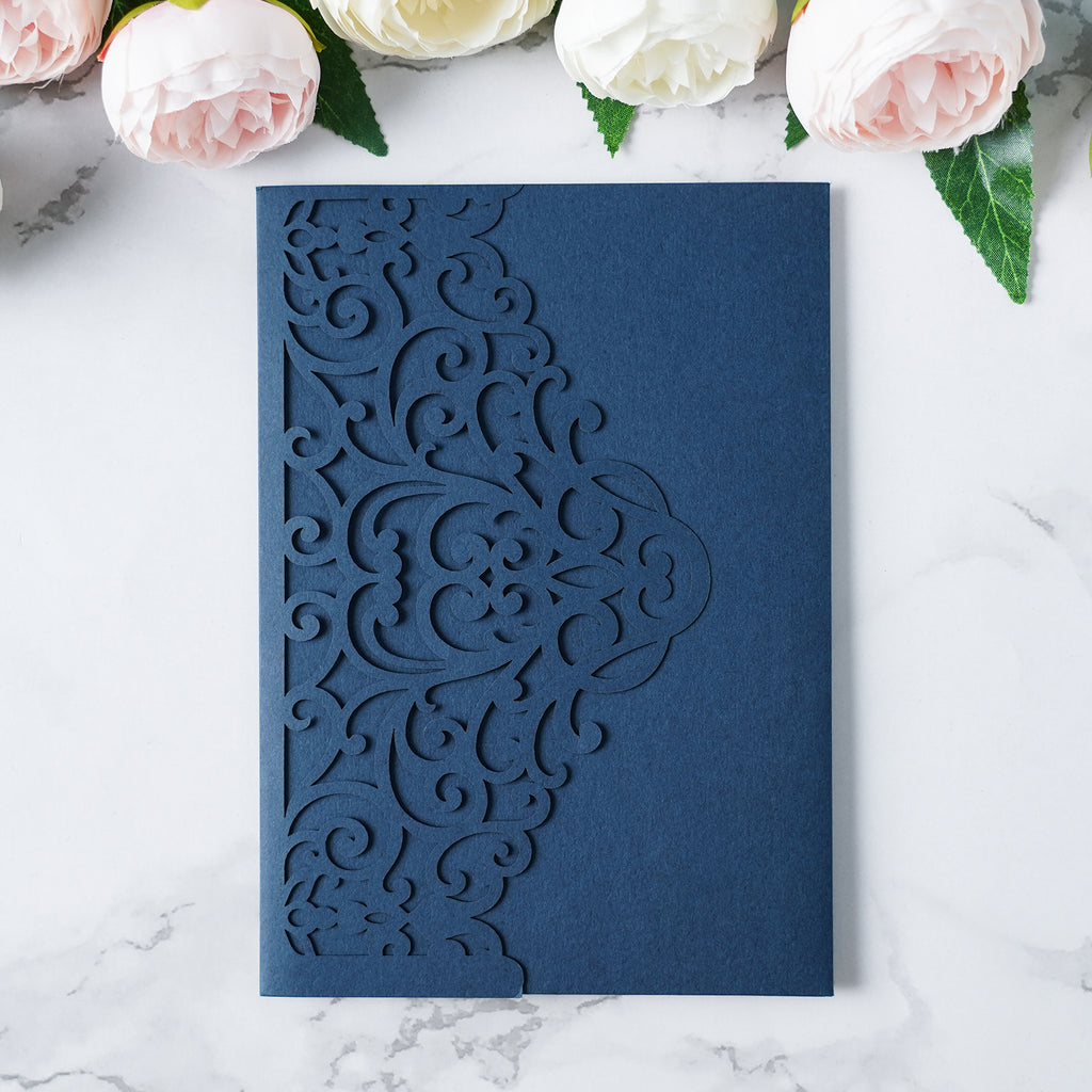 PONATIA  20PCS Navy Blue Laser Cut Wedding Invitations Pockets