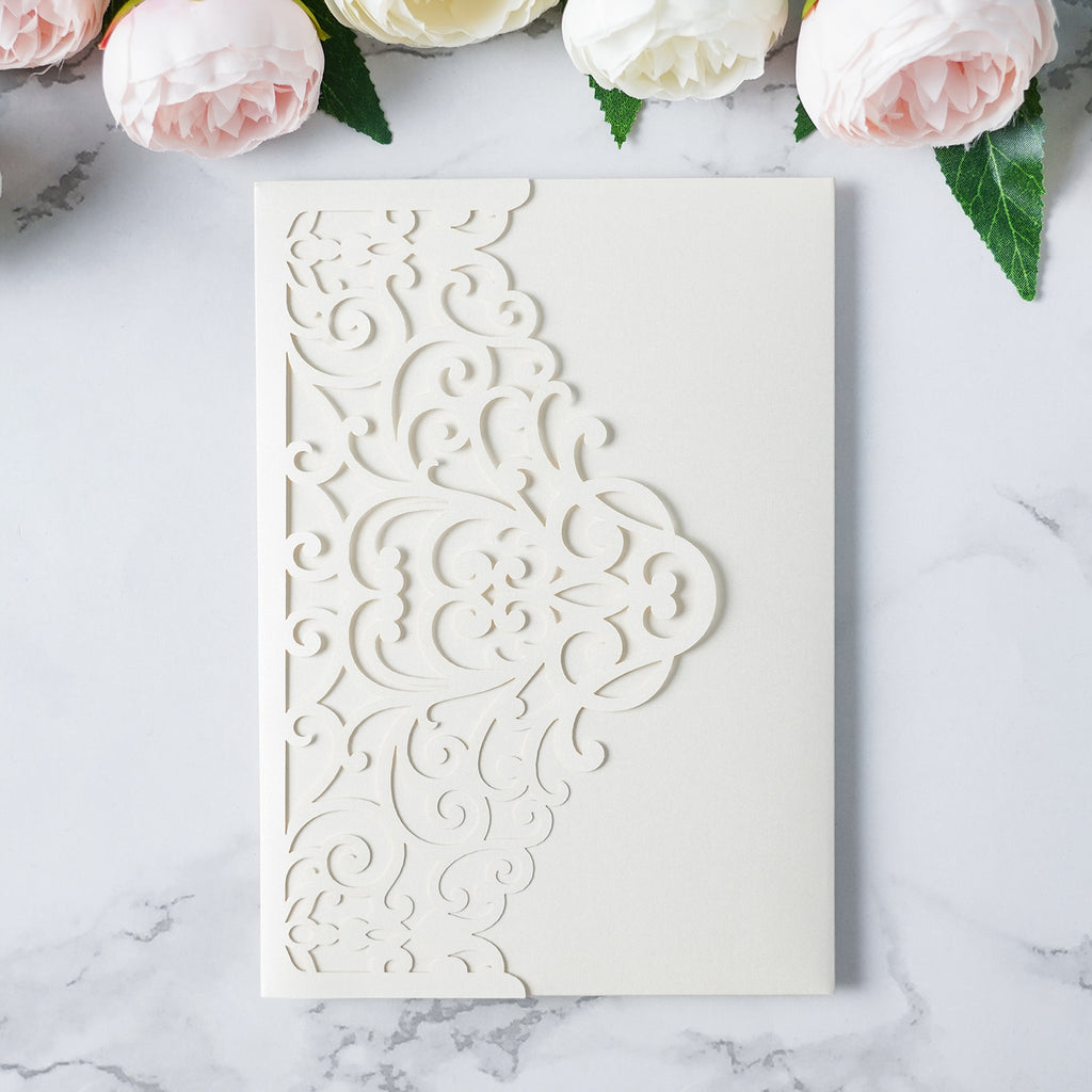 PONATIA  20PCS Ivory Laser Cut Wedding Invitations Pockets