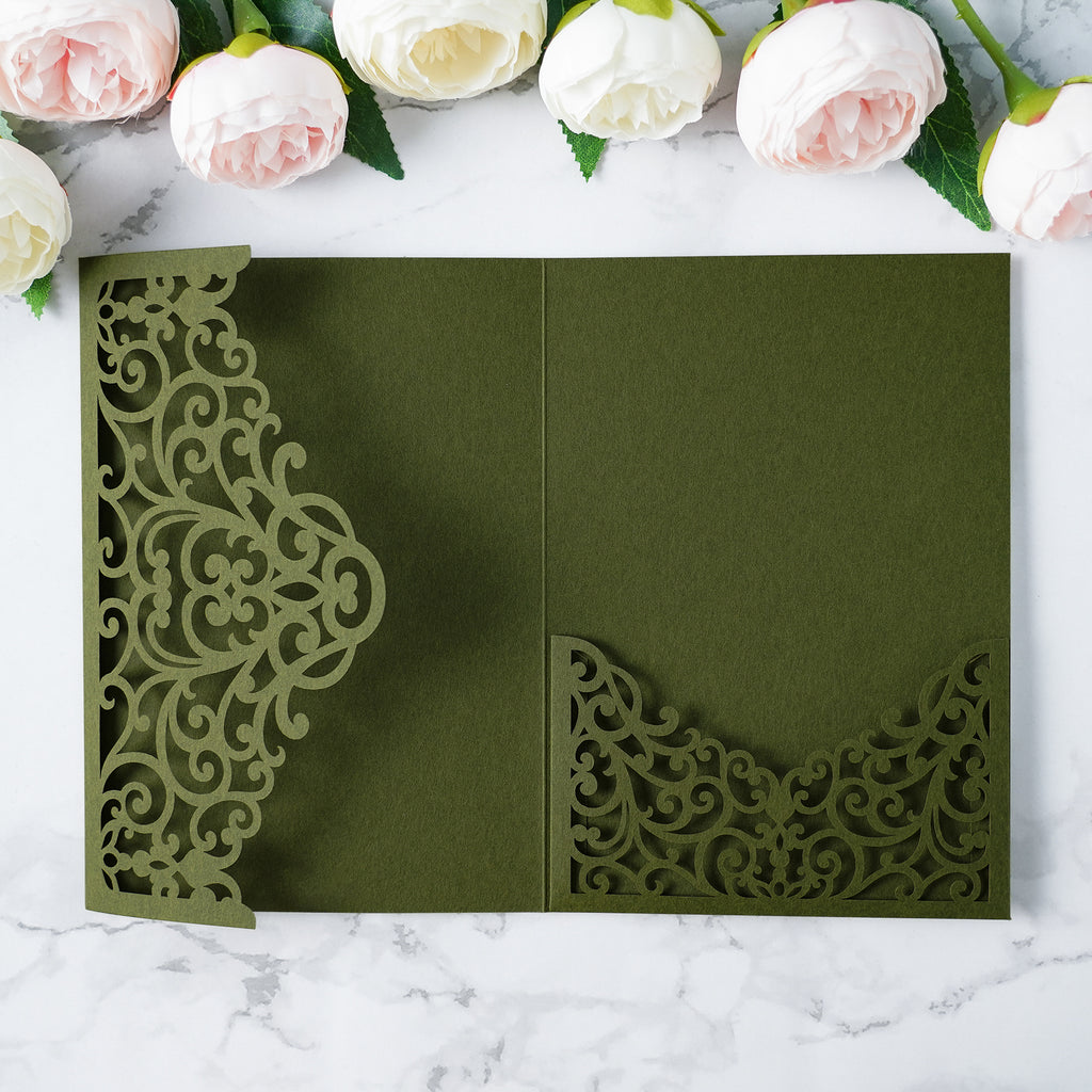 PONATIA  20PCS Olive Green Laser Cut Wedding Invitations Pockets