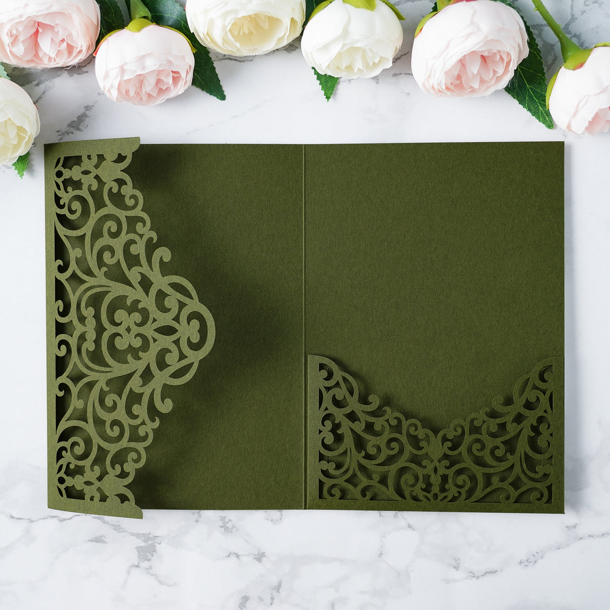 PONATIA  20PCS Olive Green Laser Cut Wedding Invitations Pockets
