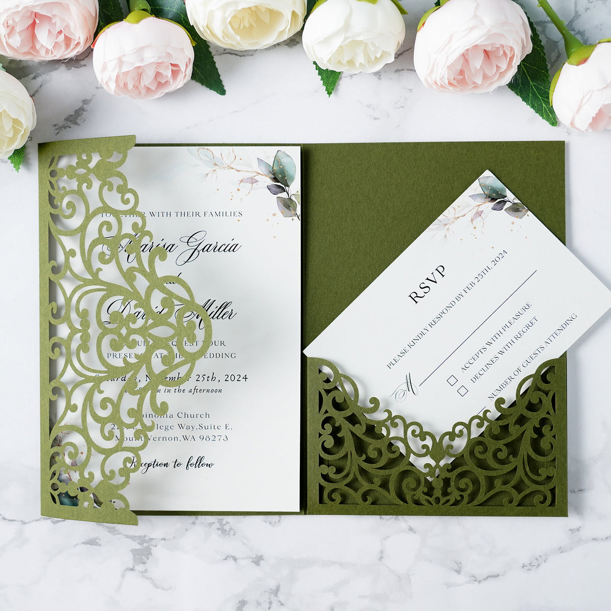 PONATIA  20PCS Olive Green Laser Cut Wedding Invitations Pockets