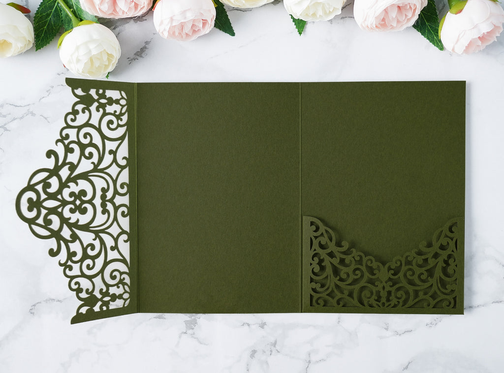 PONATIA  20PCS Olive Green Laser Cut Wedding Invitations Pockets