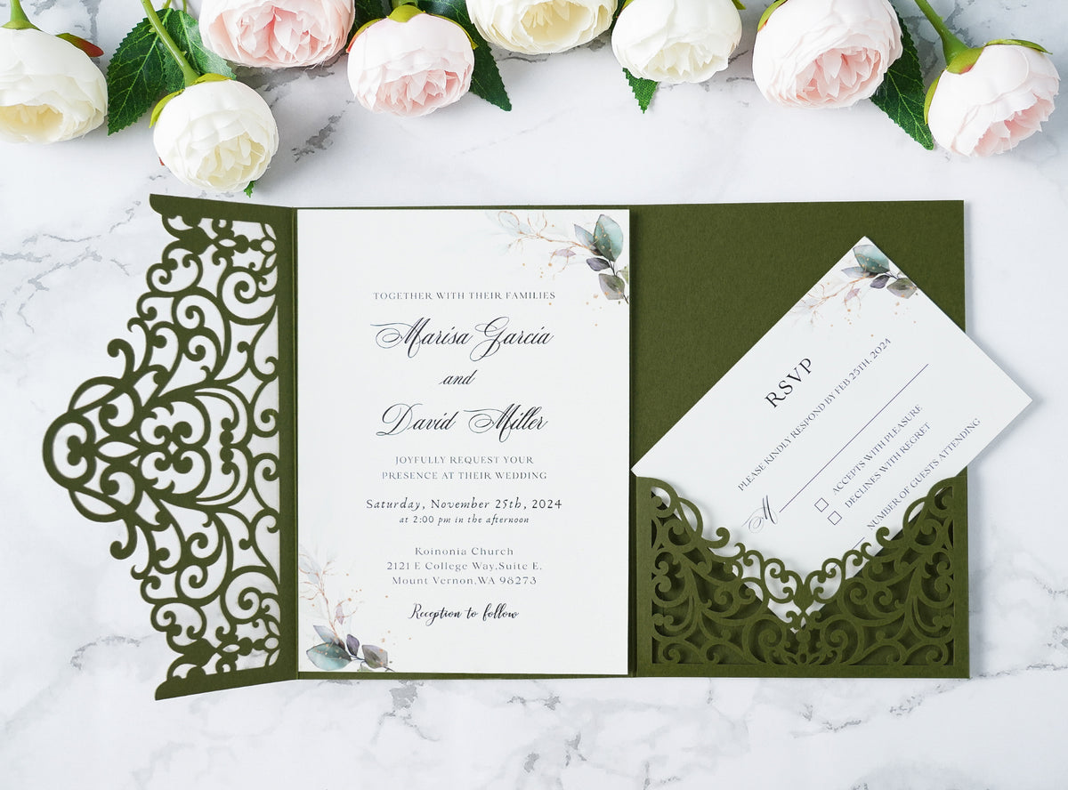 PONATIA  20PCS Olive Green Laser Cut Wedding Invitations Pockets
