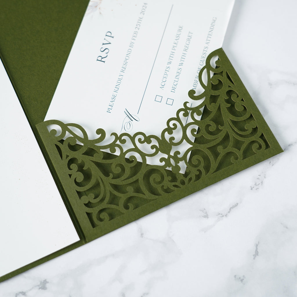 PONATIA  20PCS Olive Green Laser Cut Wedding Invitations Pockets