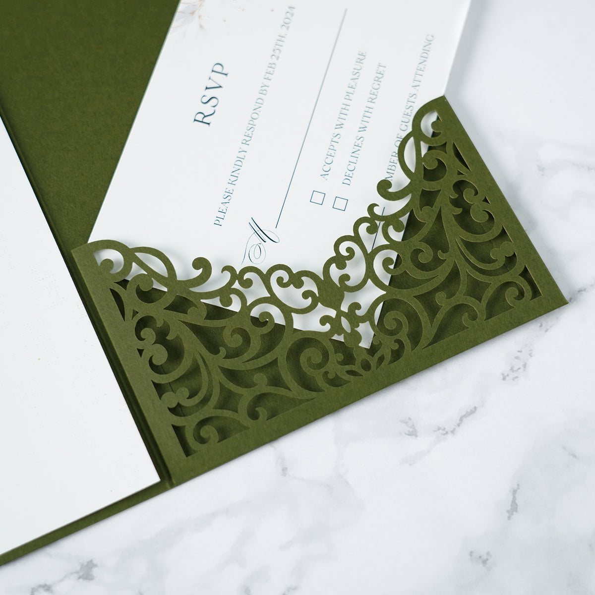PONATIA  20PCS Olive Green Laser Cut Wedding Invitations Pockets