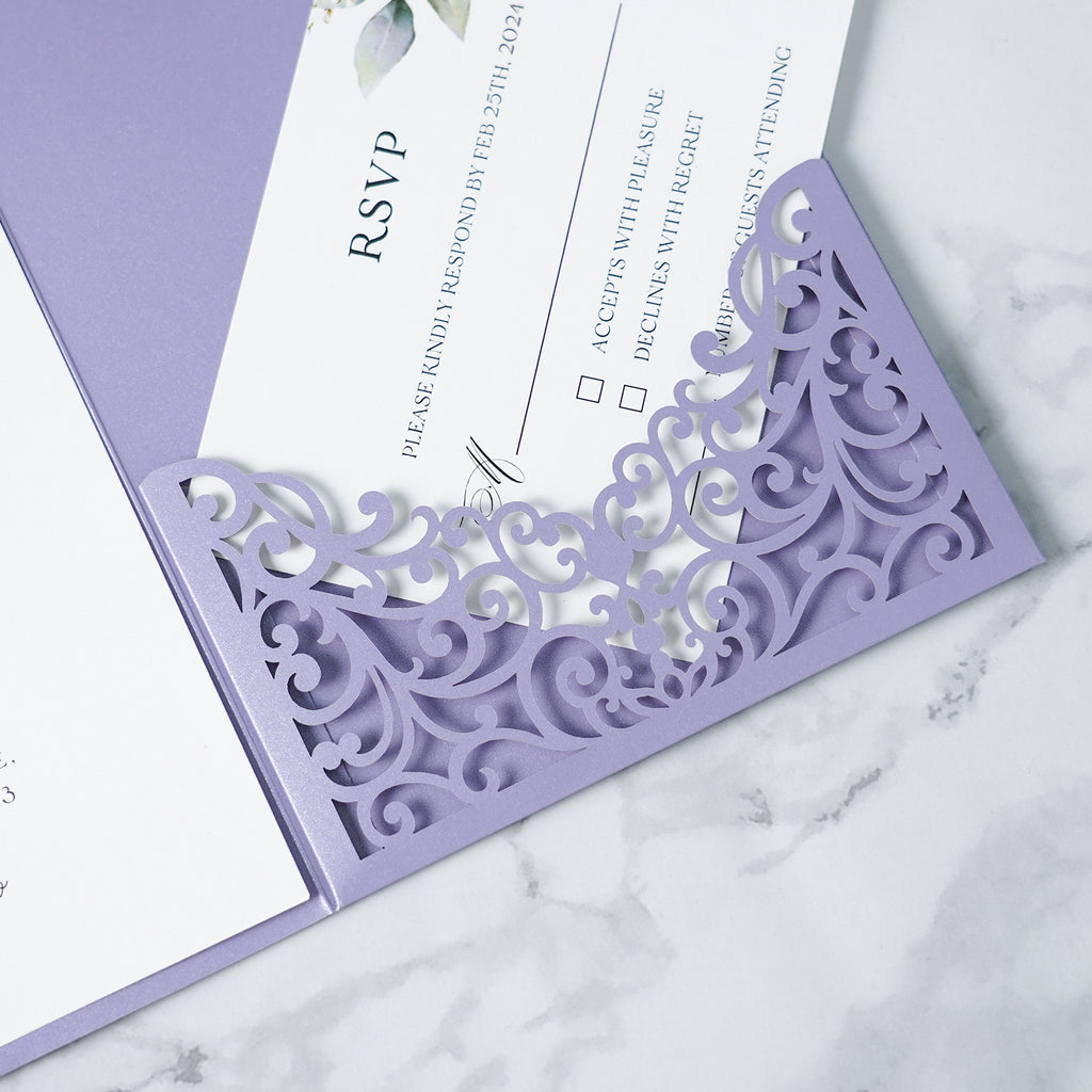 PONATIA  20PCS Lilac Laser Cut Wedding Invitations Pockets