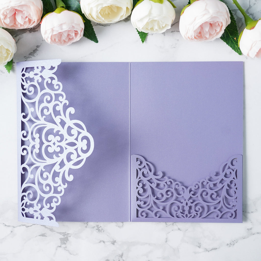 PONATIA  20PCS Lilac Laser Cut Wedding Invitations Pockets