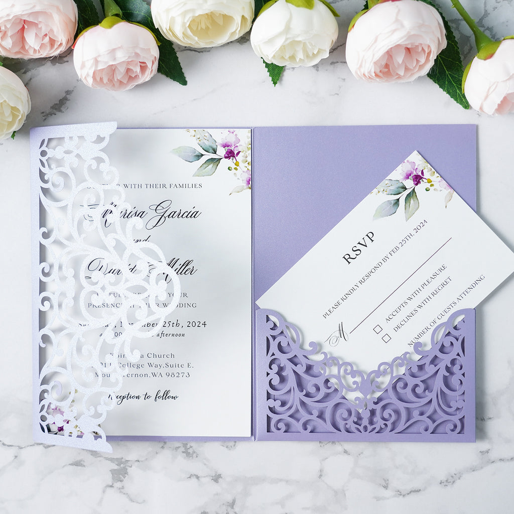 PONATIA  20PCS Lilac Laser Cut Wedding Invitations Pockets