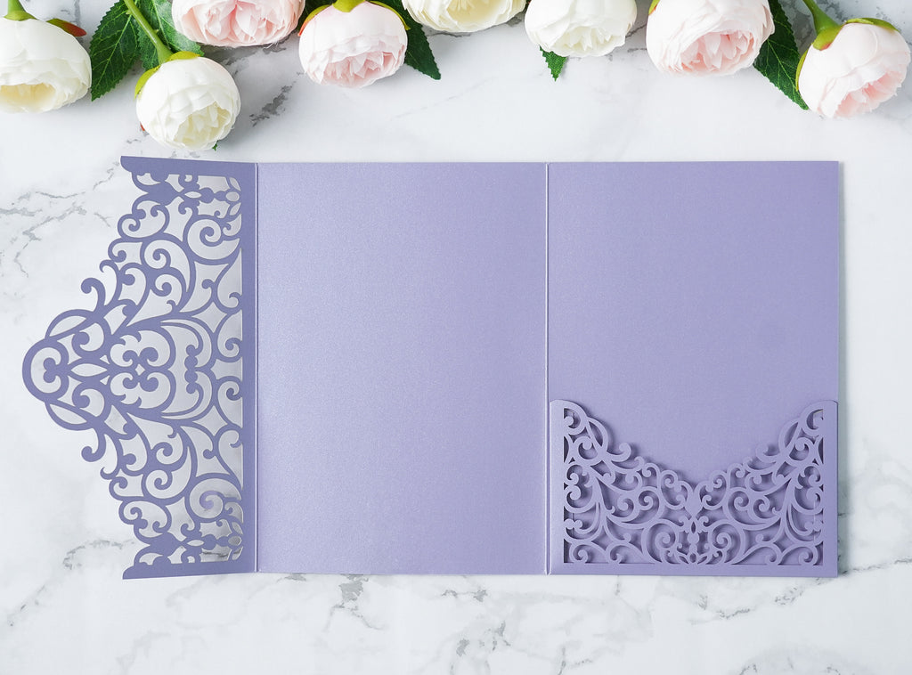 PONATIA  20PCS Lilac Laser Cut Wedding Invitations Pockets