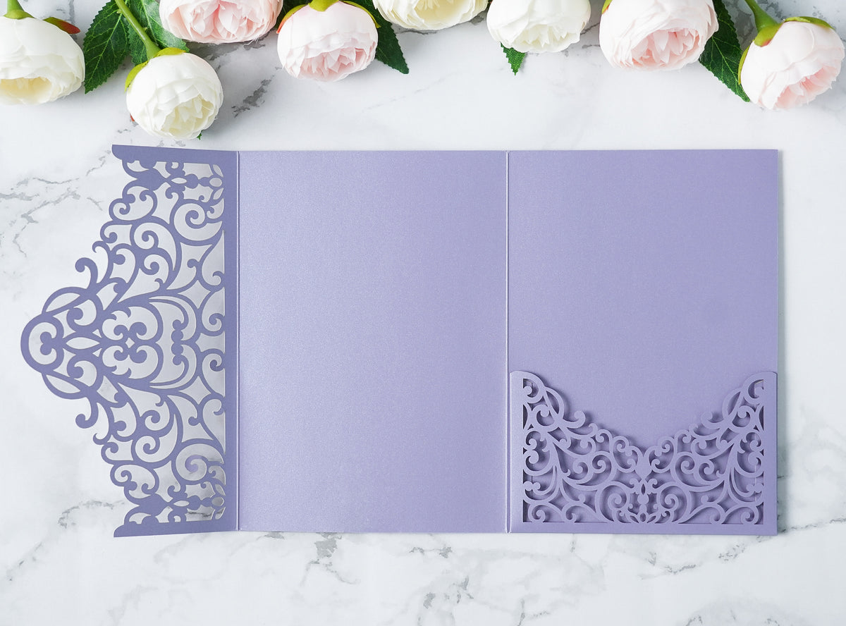 PONATIA  20PCS Lilac Laser Cut Wedding Invitations Pockets