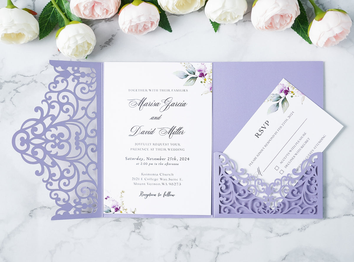 PONATIA  20PCS Lilac Laser Cut Wedding Invitations Pockets