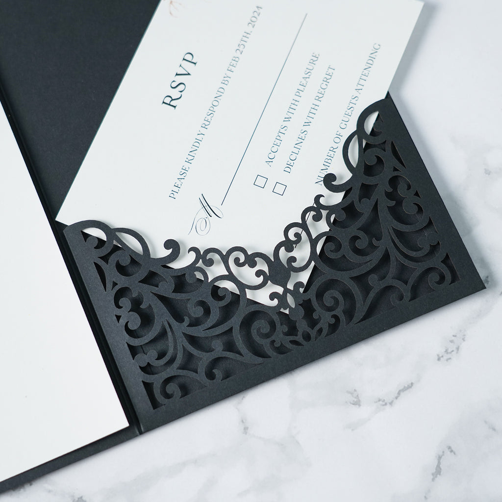 PONATIA  20PCS Black Laser Cut Wedding Invitations Pockets