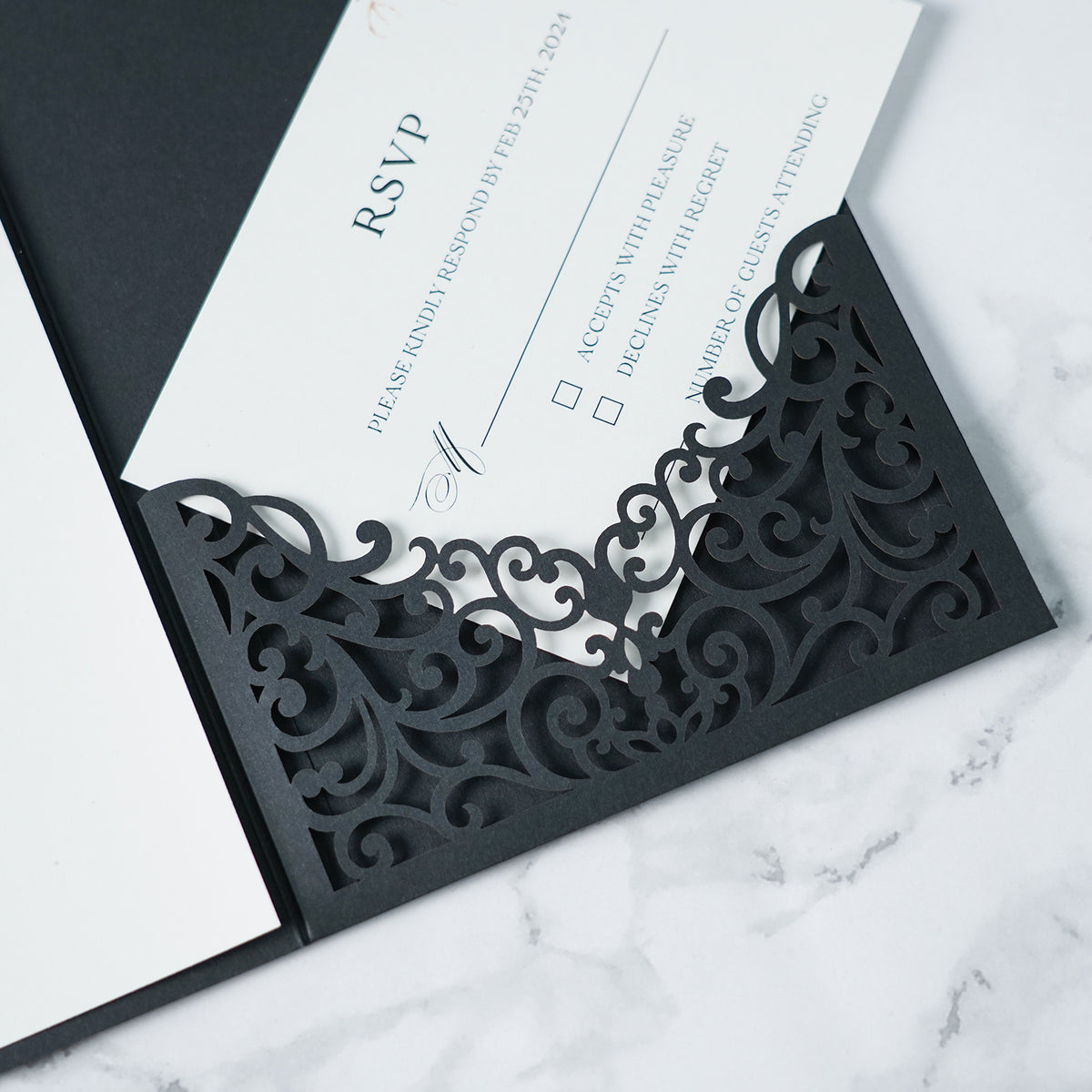 PONATIA  20PCS Black Laser Cut Wedding Invitations Pockets