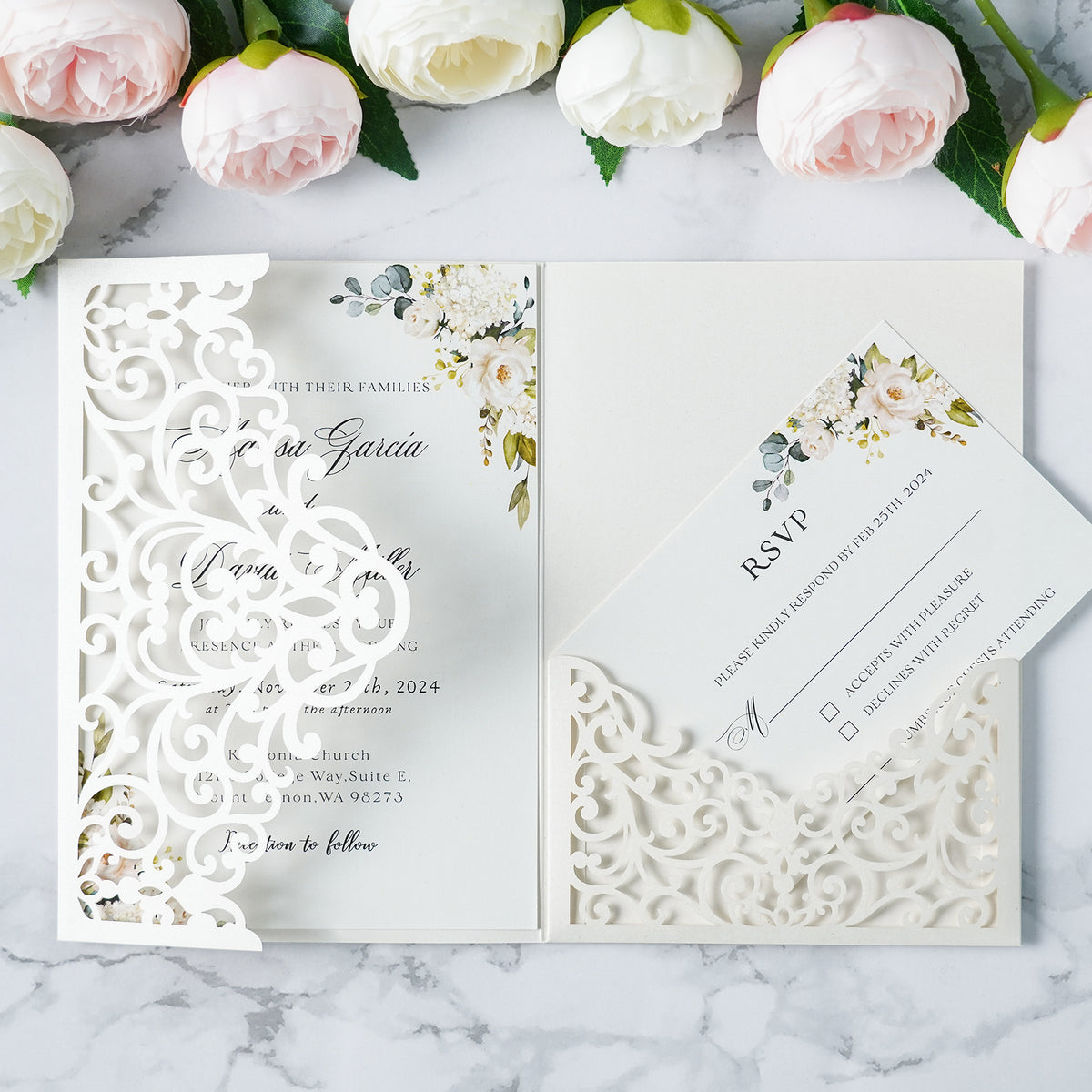 PONATIA  20PCS Ivory Laser Cut Wedding Invitations Pockets
