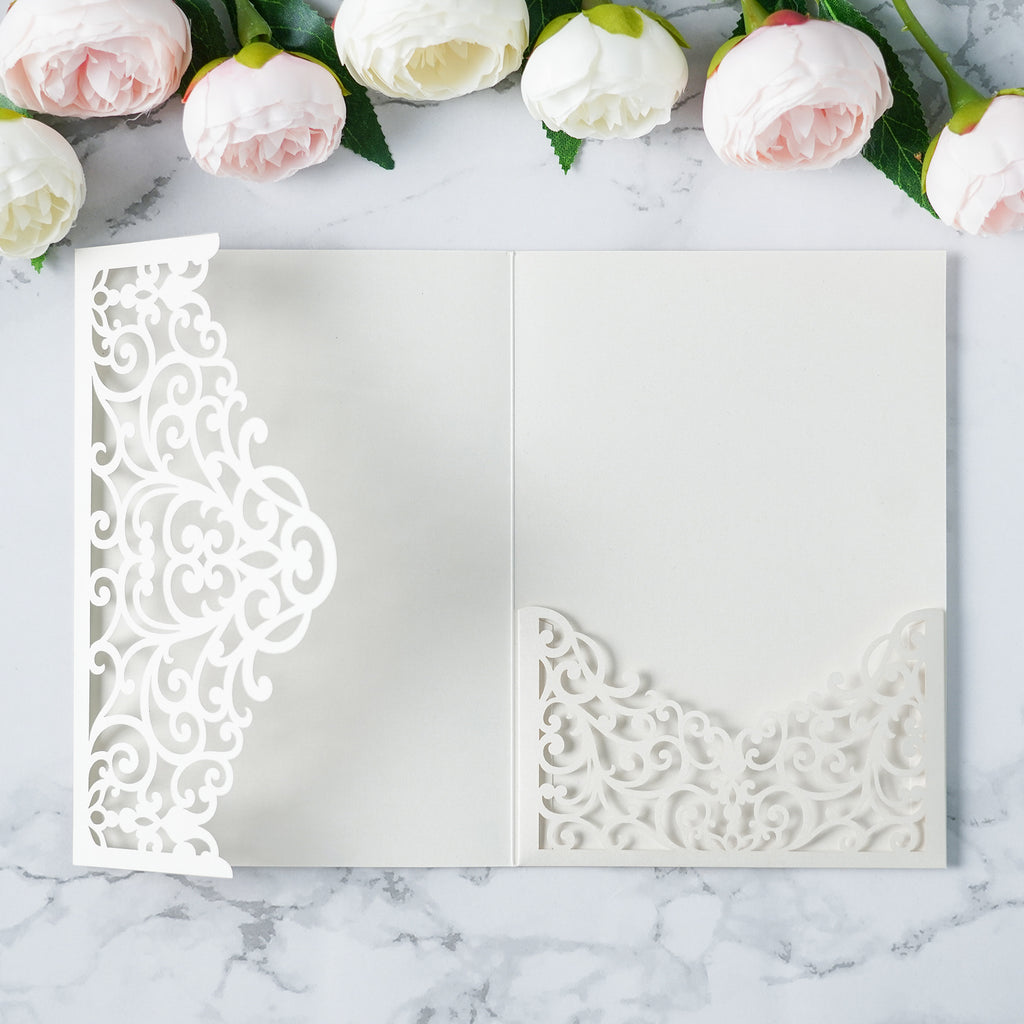 PONATIA  20PCS Ivory Laser Cut Wedding Invitations Pockets