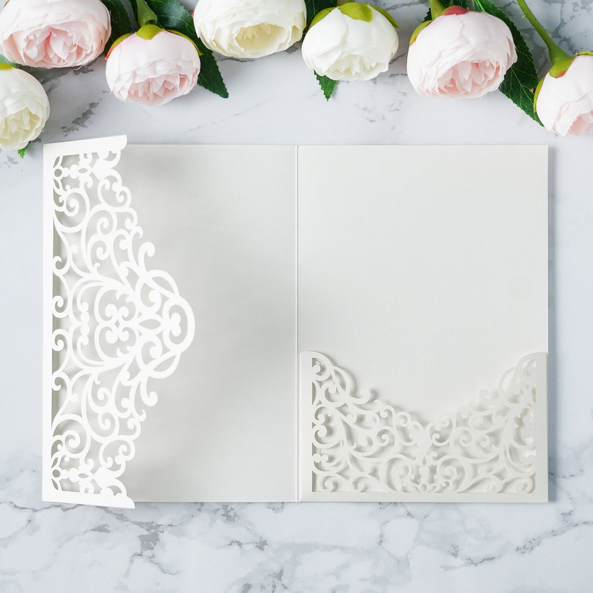 PONATIA  20PCS Ivory Laser Cut Wedding Invitations Pockets
