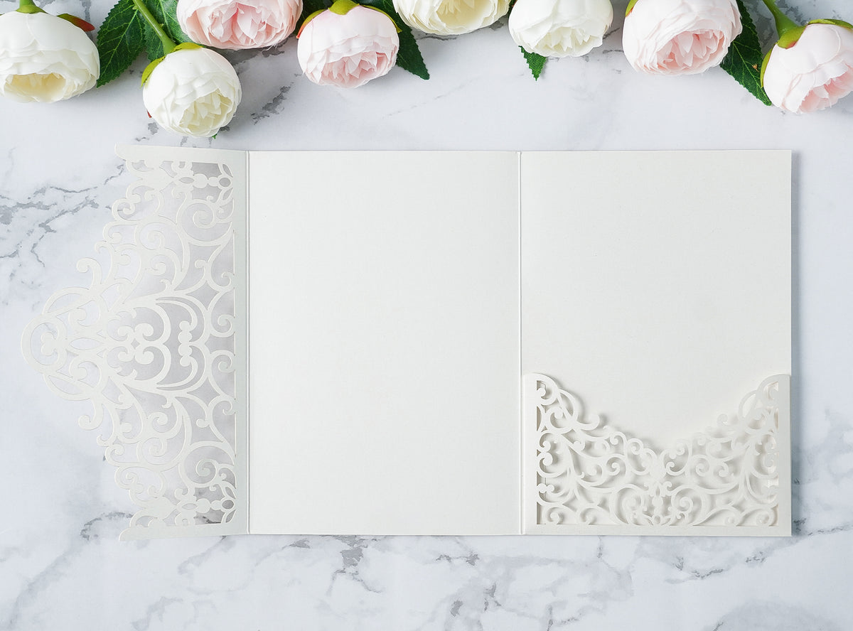 PONATIA  20PCS Ivory Laser Cut Wedding Invitations Pockets