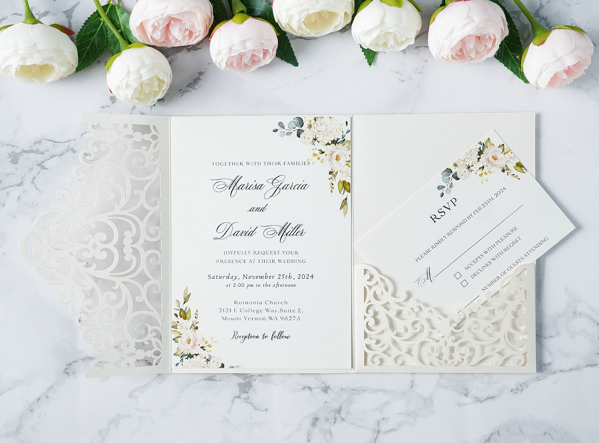 PONATIA  20PCS Ivory Laser Cut Wedding Invitations Pockets