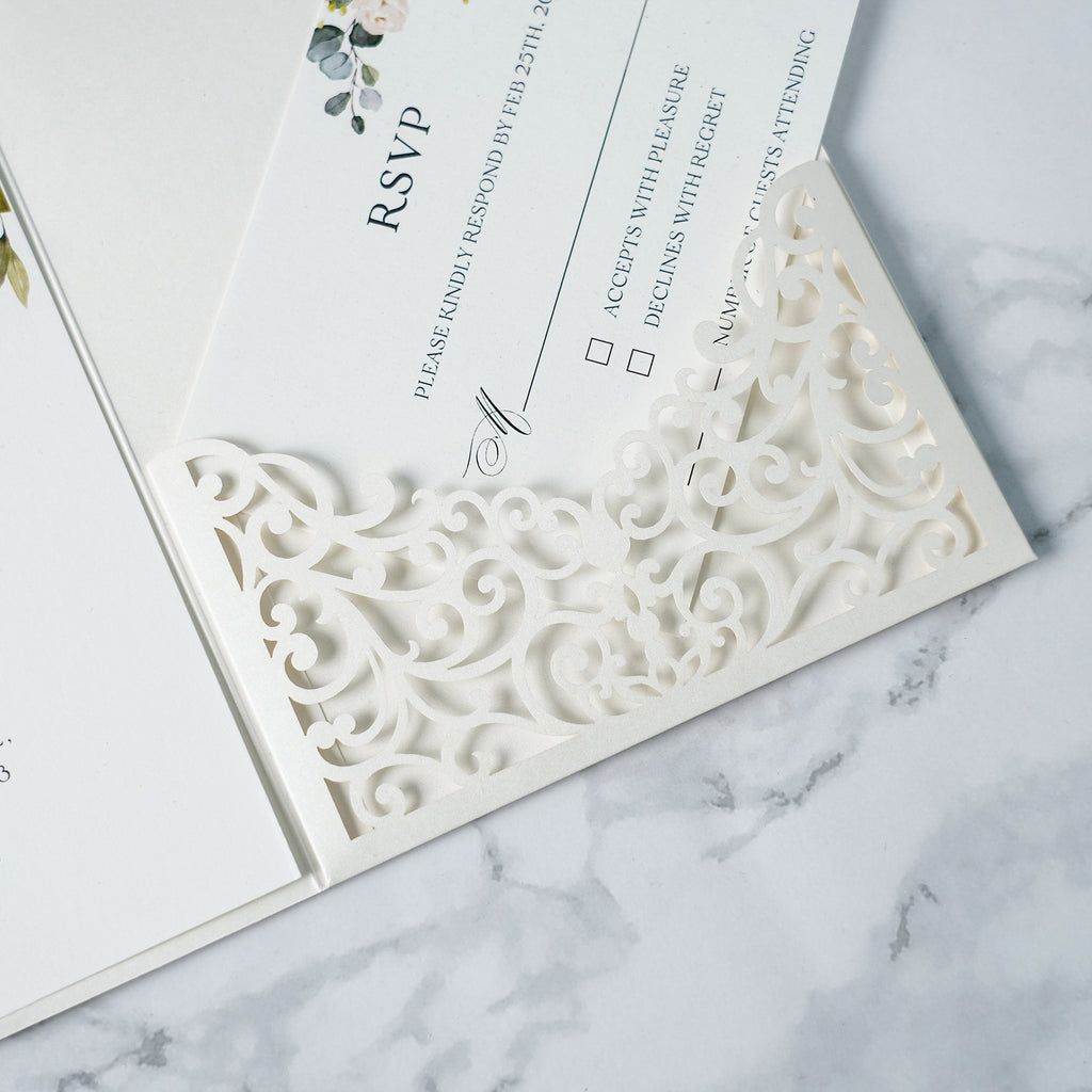 PONATIA  20PCS Ivory Laser Cut Wedding Invitations Pockets