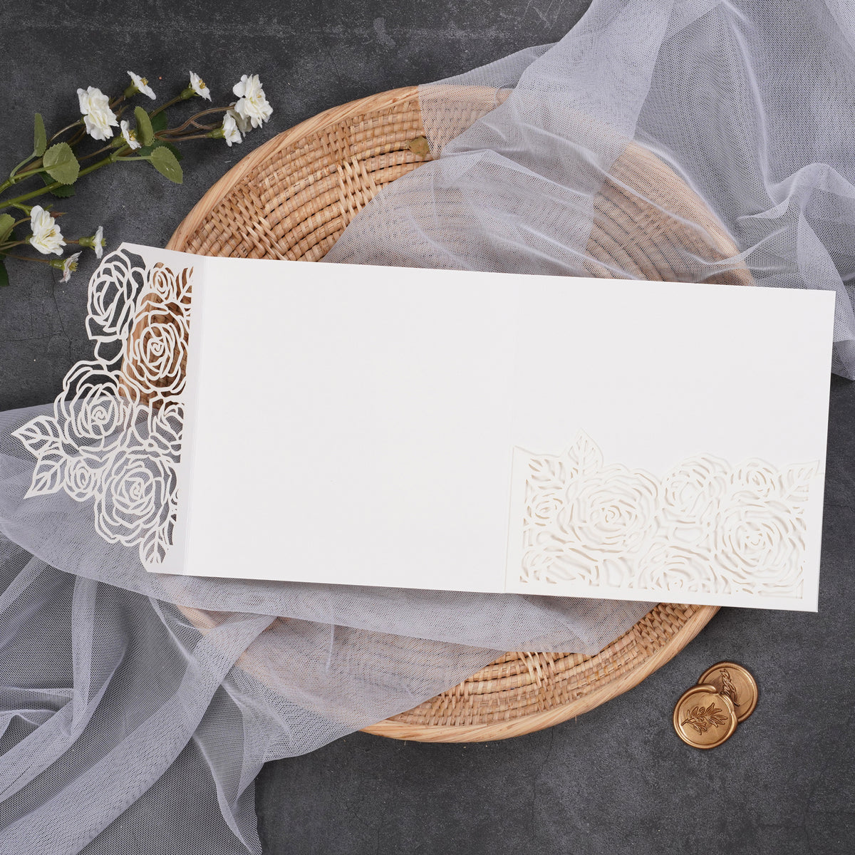 PONATIA  Rose Design Square Tri-fold Laser Cut Pockets Collection WPEC2136