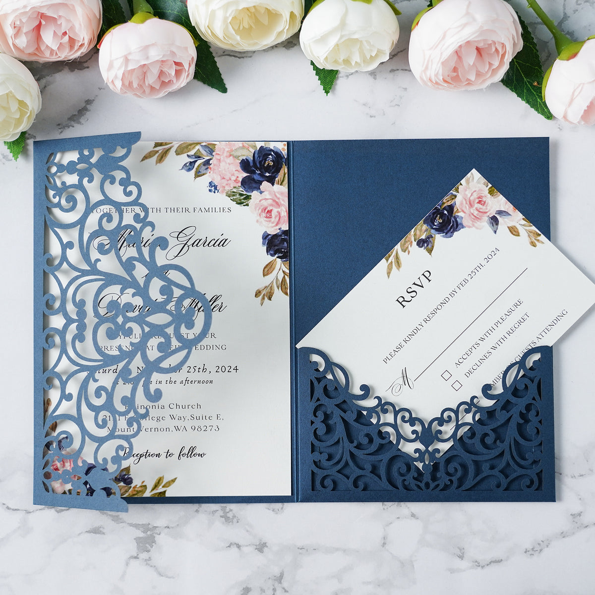PONATIA  20PCS Navy Blue Laser Cut Wedding Invitations Pockets