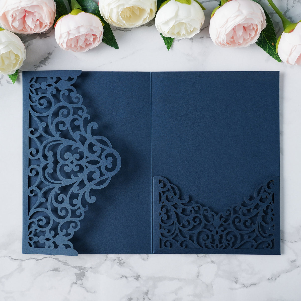 PONATIA  20PCS Navy Blue Laser Cut Wedding Invitations Pockets