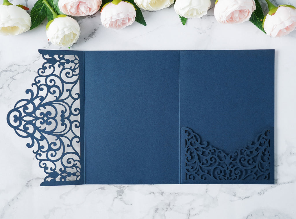 PONATIA  20PCS Navy Blue Laser Cut Wedding Invitations Pockets