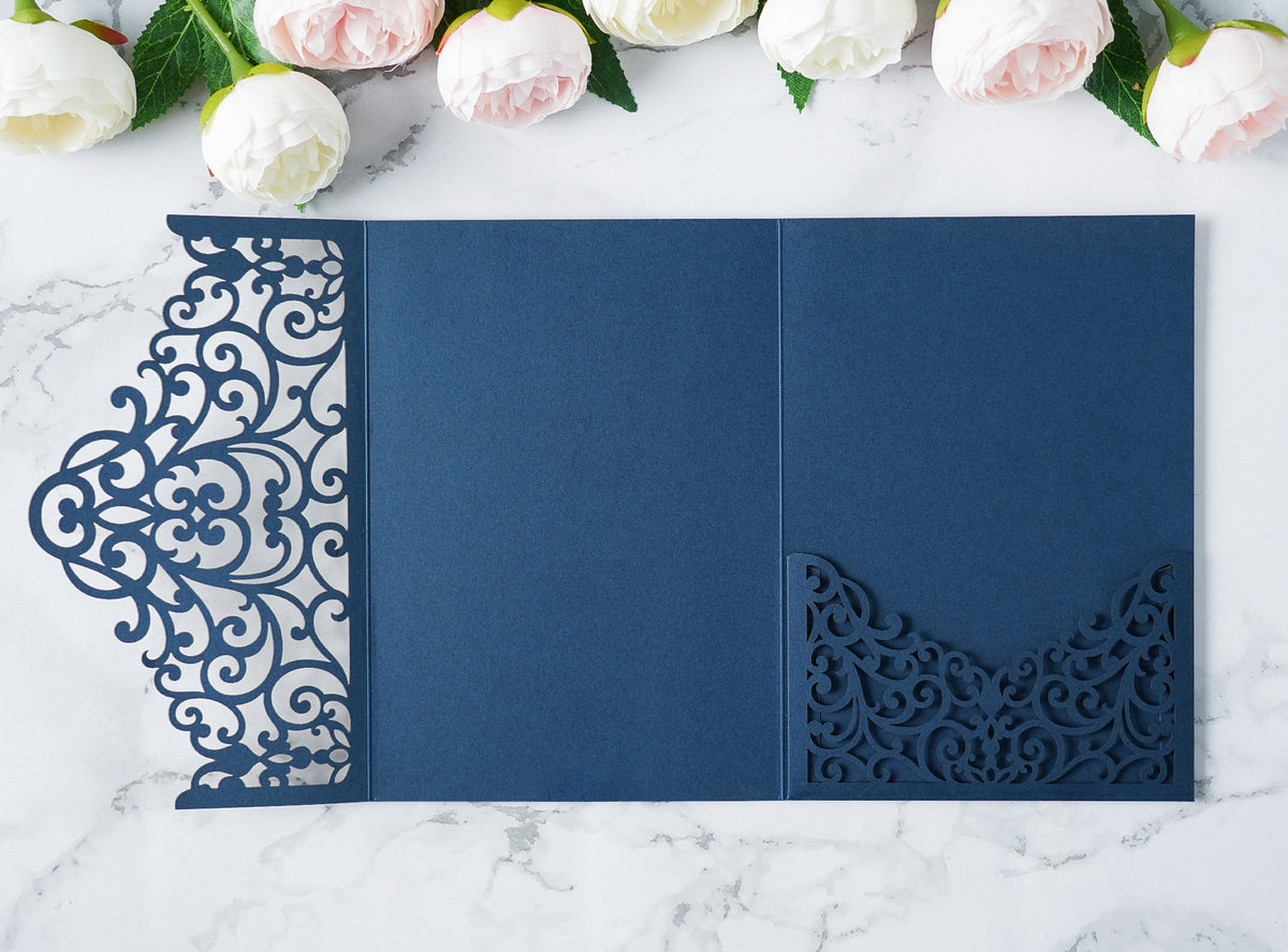 PONATIA  20PCS Navy Blue Laser Cut Wedding Invitations Pockets