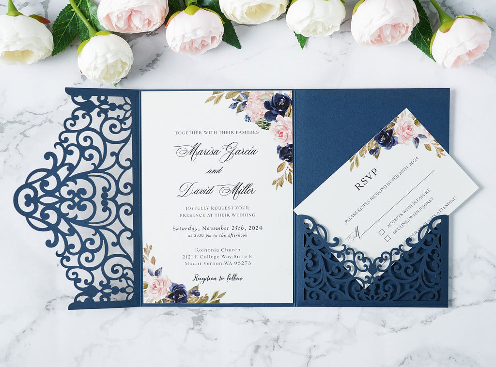 PONATIA  20PCS Navy Blue Laser Cut Wedding Invitations Pockets