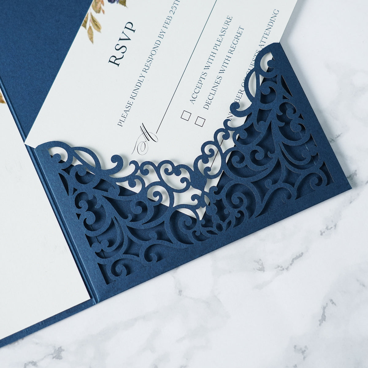 PONATIA  20PCS Navy Blue Laser Cut Wedding Invitations Pockets