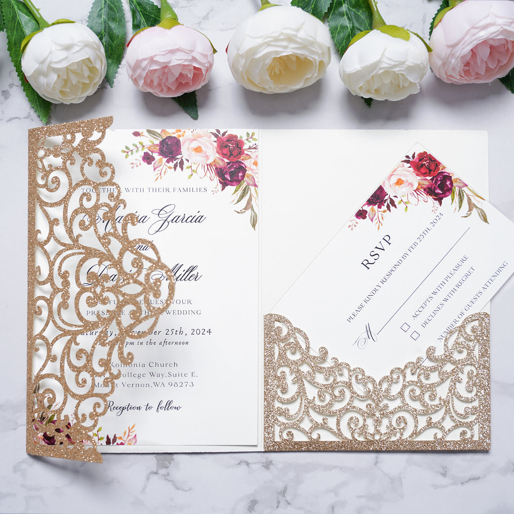PONATIA  20PCS Gold Glitter Laser Cut Wedding Invitations Pockets