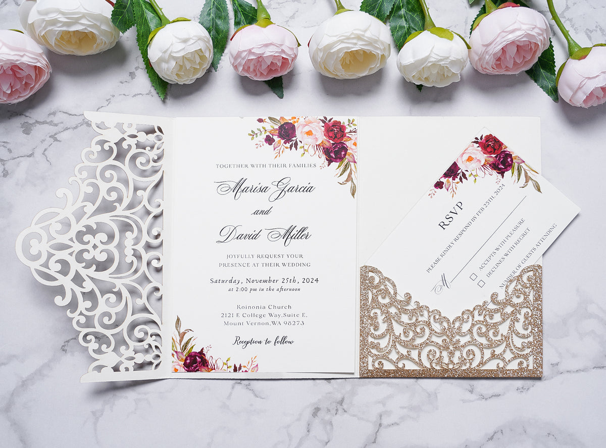 PONATIA  20PCS Gold Glitter Laser Cut Wedding Invitations Pockets