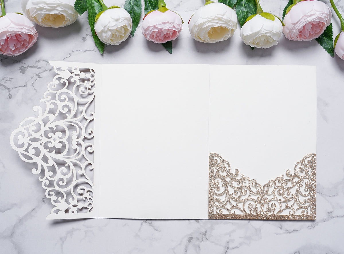 PONATIA  20PCS Gold Glitter Laser Cut Wedding Invitations Pockets