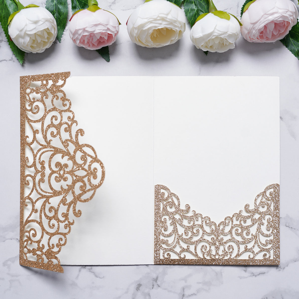 PONATIA  20PCS Gold Glitter Laser Cut Wedding Invitations Pockets