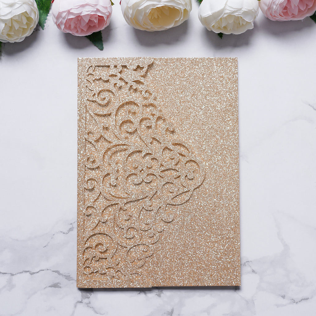 PONATIA  20PCS Gold Glitter Laser Cut Wedding Invitations Pockets