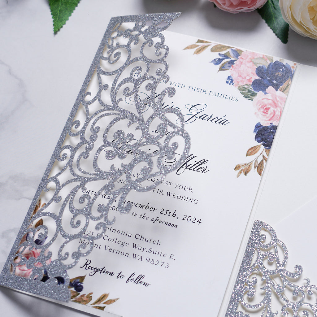 PONATIA  20PCS Silver Laser Cut Wedding Invitations Pockets