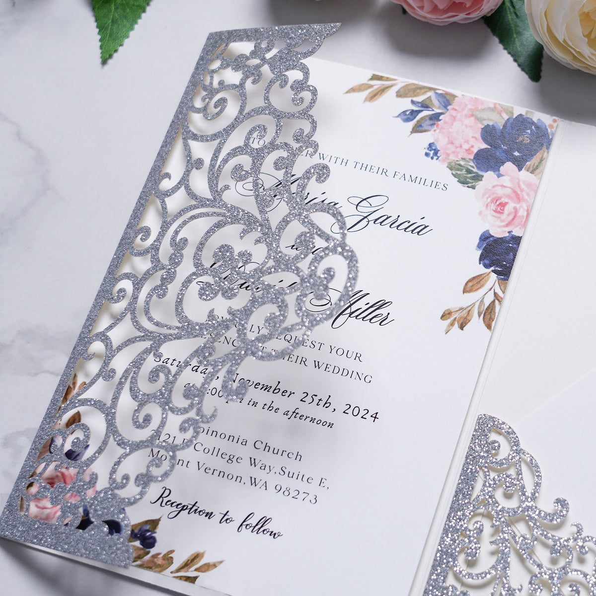 PONATIA  20PCS Silver Laser Cut Wedding Invitations Pockets